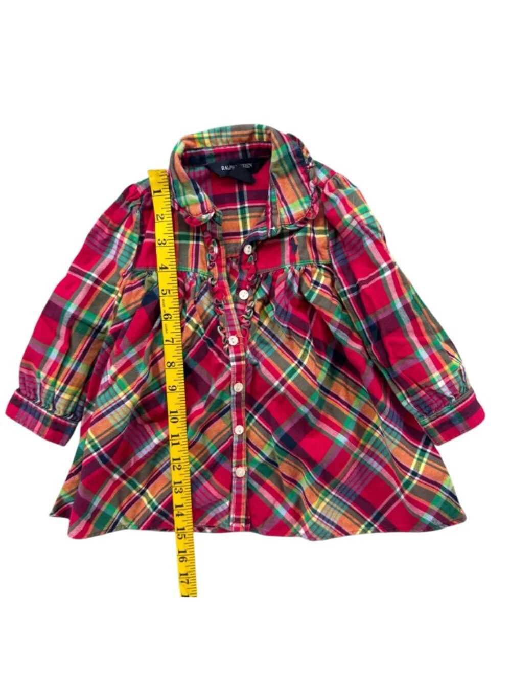 Ralph Lauren Plaid Peplum Top Girls Red Green Button Front Long Sleeve Size 18M
